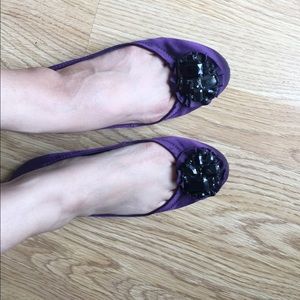 Purple embellished satin flats
